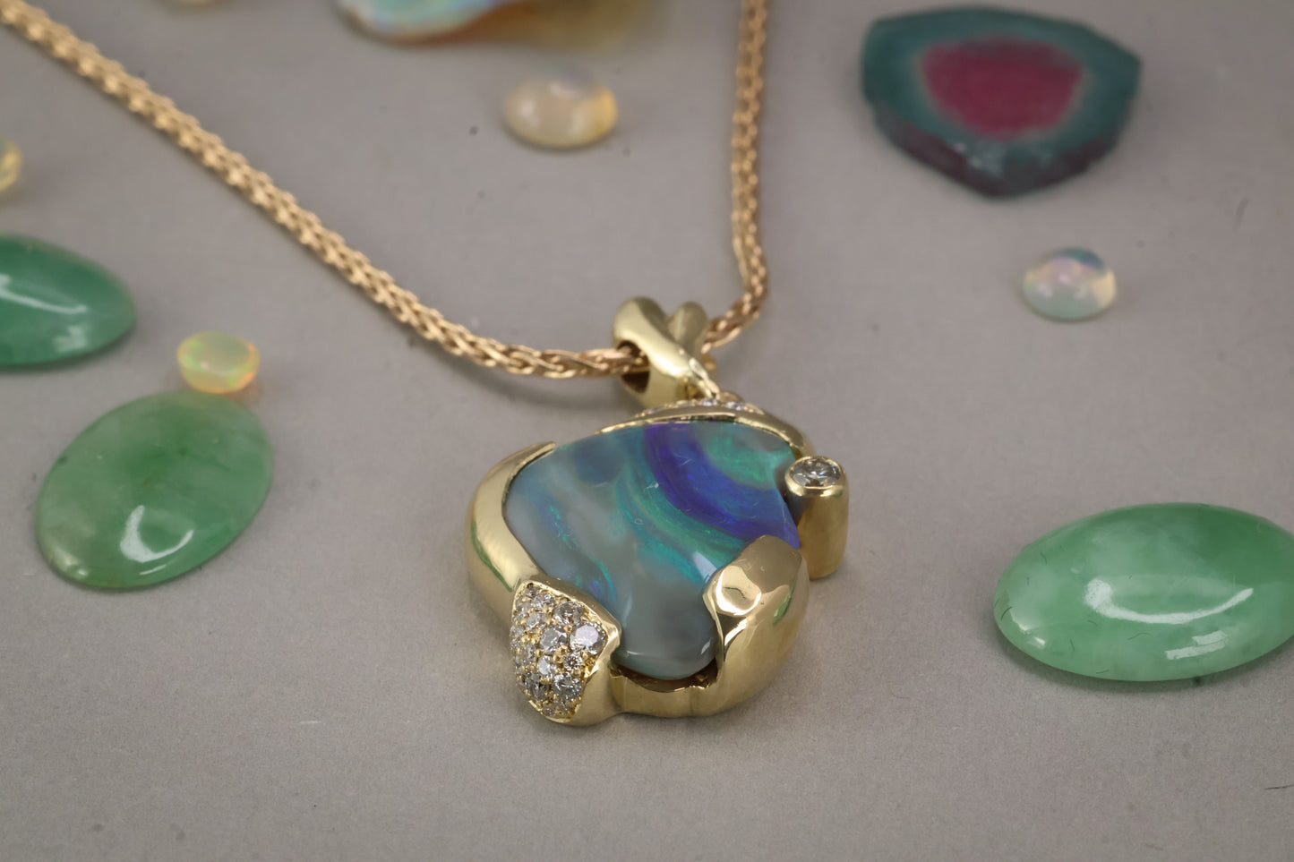 Australian Opal, Diamond, 18K Yellow Pendant