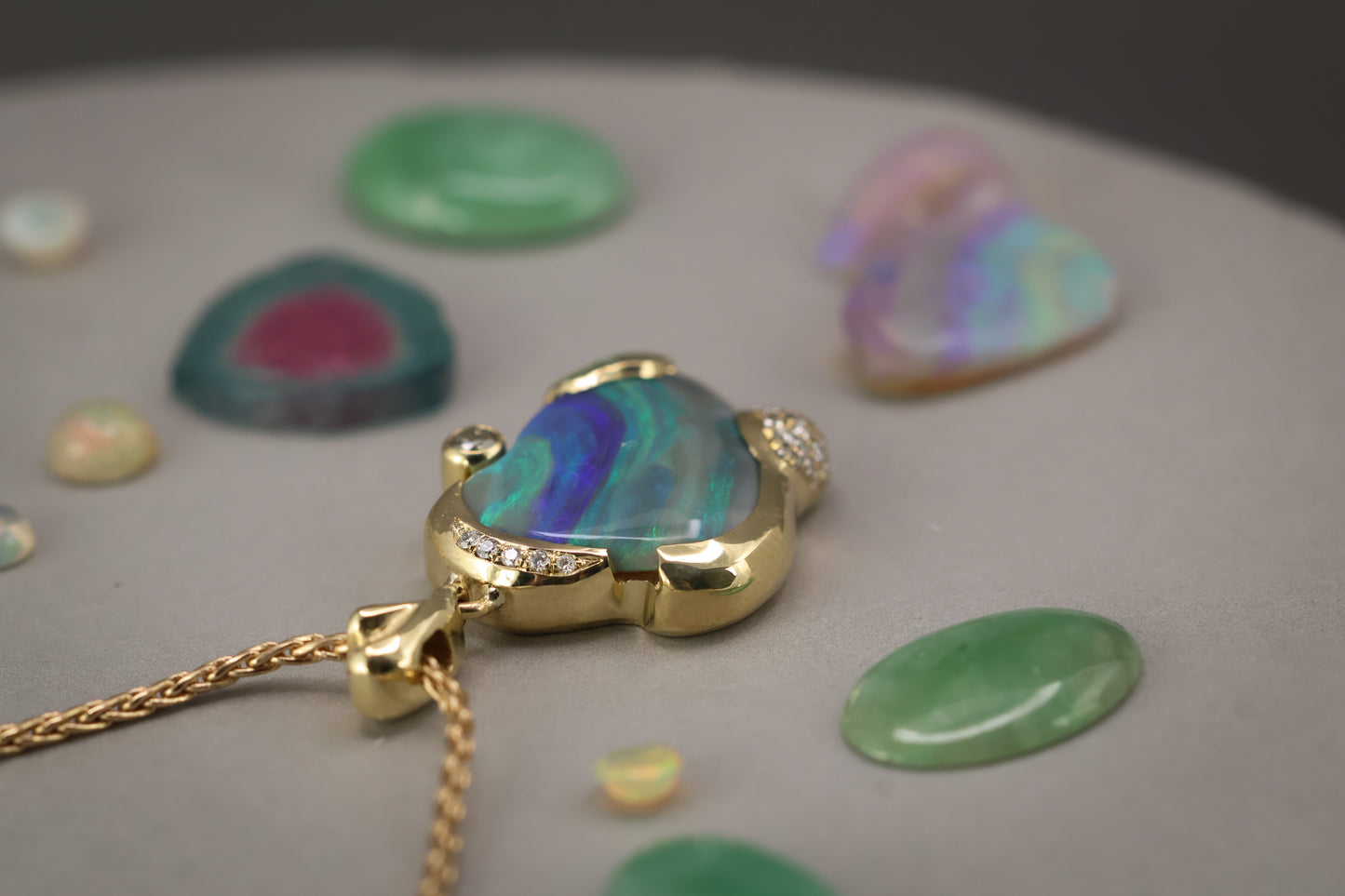 Australian Opal, Diamond, 18K Yellow Pendant