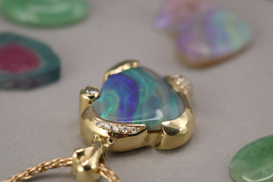Australian Opal, Diamond, 18K Yellow Pendant